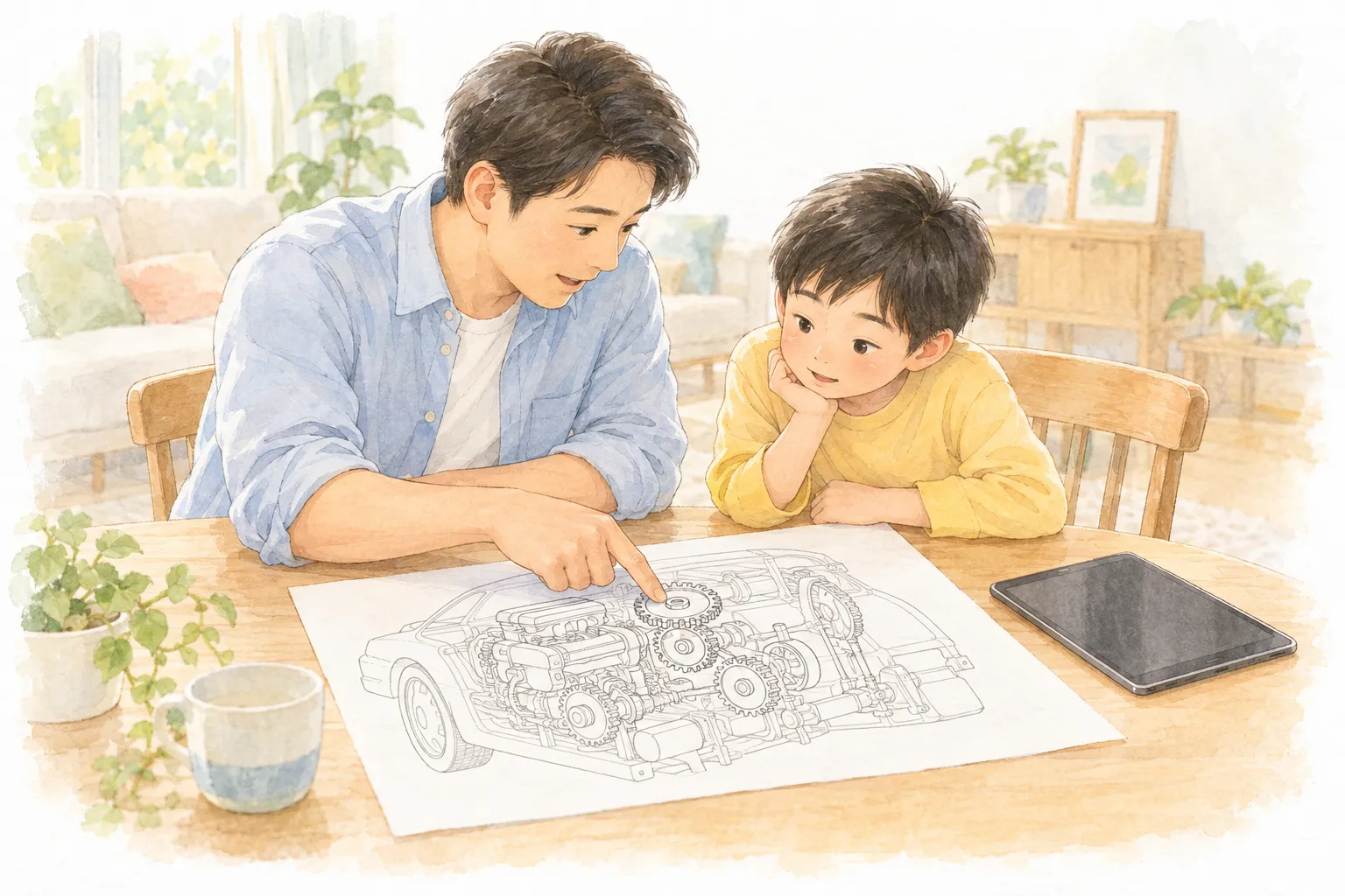 客廳餐桌上攤著一張手繪的汽車引擎與齒輪剖面圖，爸爸指著齒輪說明，旁邊的孩子托著下巴好奇地看