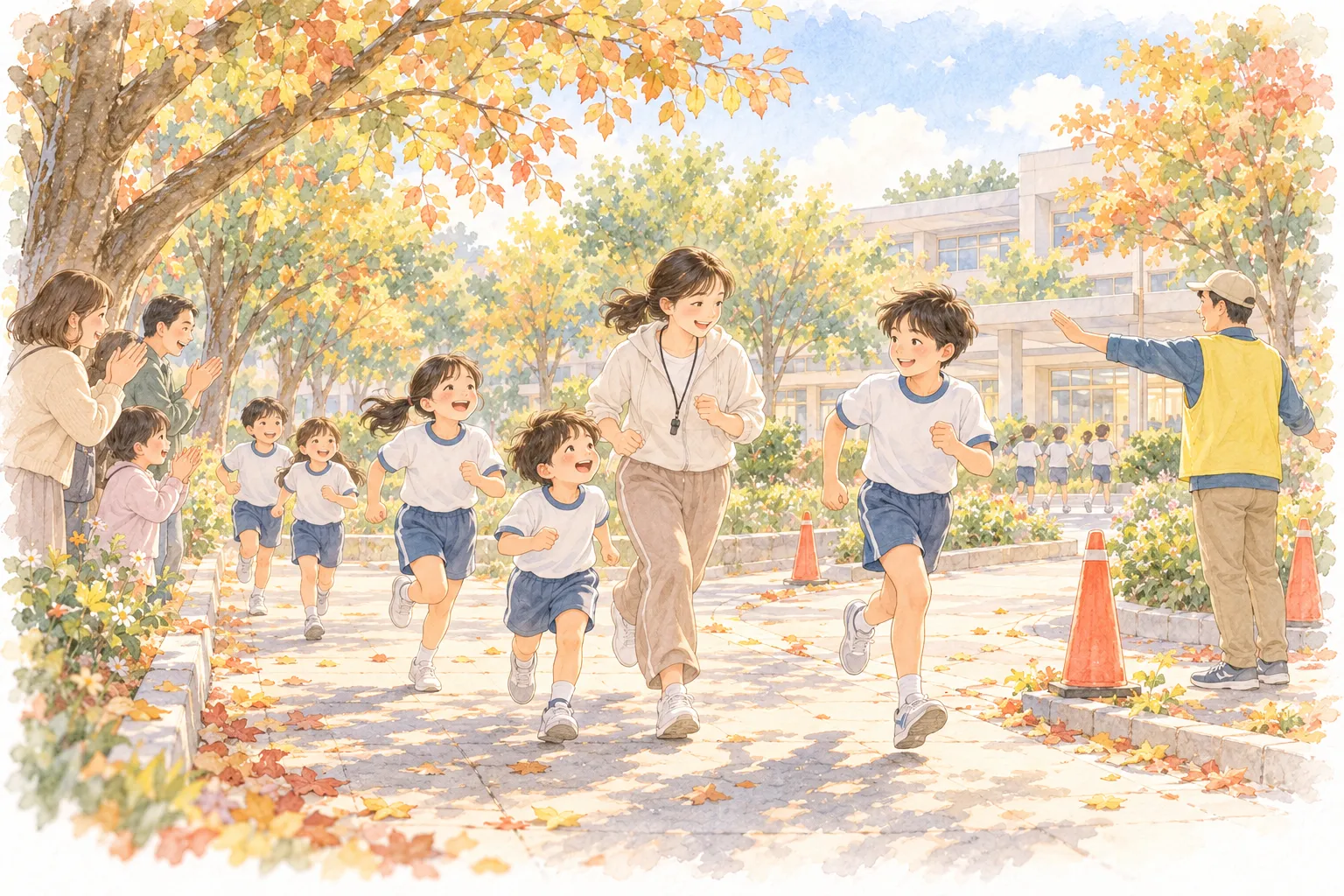 秋天的校園步道，一群穿運動服的孩子和一位老師一起跑步，路邊家長拍手加油，路口穿背心的志工伸手指引方向
