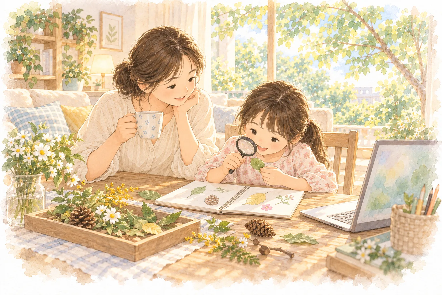 週末午後的客廳,孩子用放大鏡專心看一片樹葉,桌上有松果和畫滿樹葉的筆記本,旁邊的筆電沒有在用;家長捧著茶坐在一旁微笑陪著