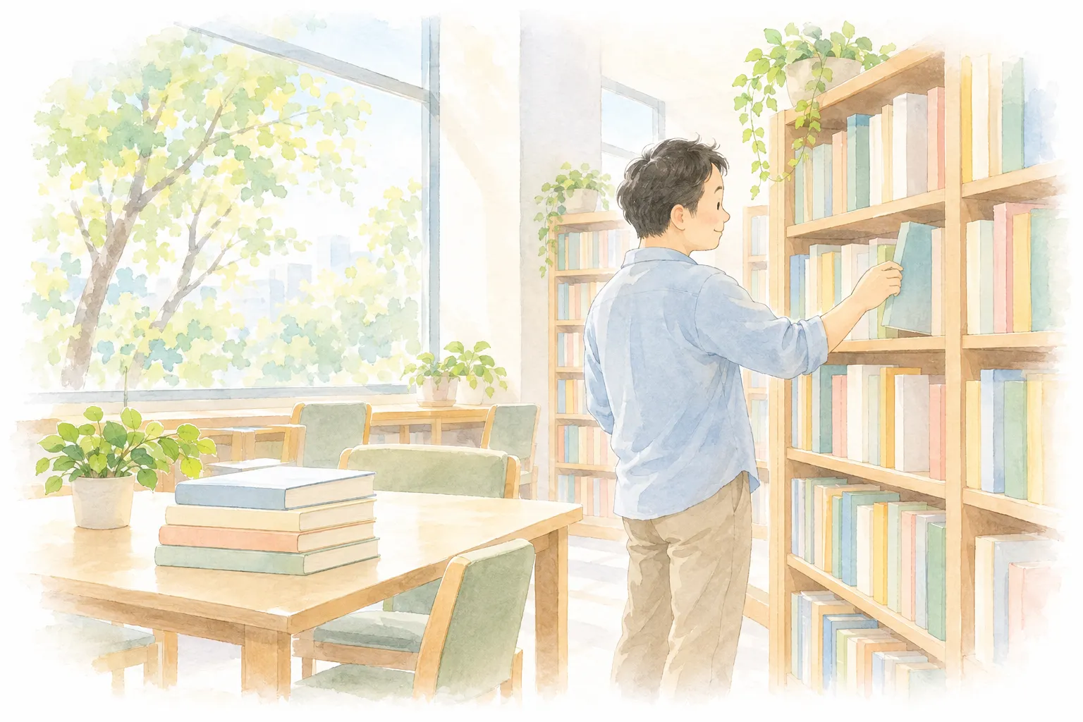 明亮的圖書館，一位家長在書架前挑書，旁邊閱覽桌上疊著幾本書