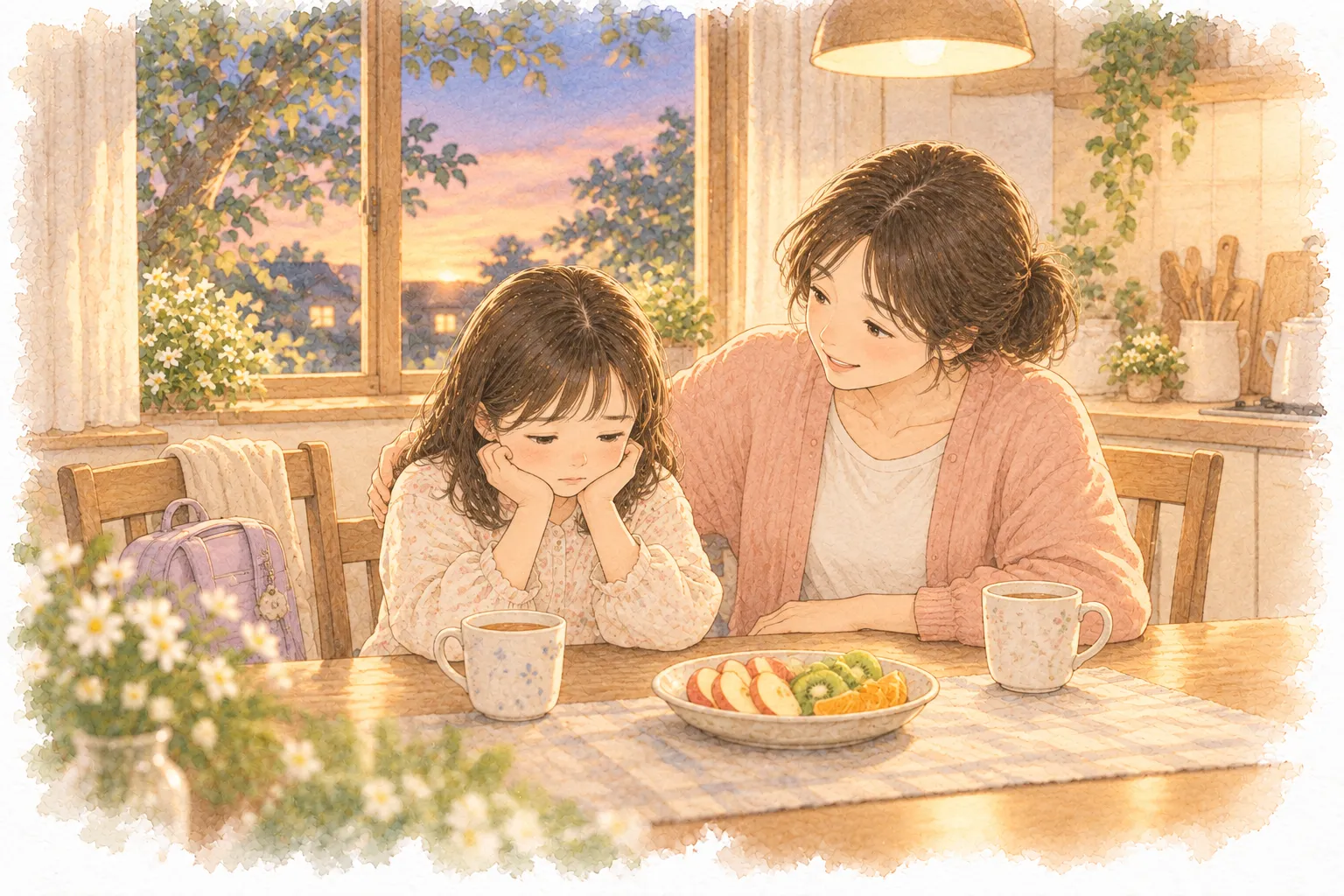 傍晚的餐桌旁，孩子托著臉有點委屈，家長坐在旁邊、手輕放在孩子背上溫和地聽，桌上有熱飲和一盤水果