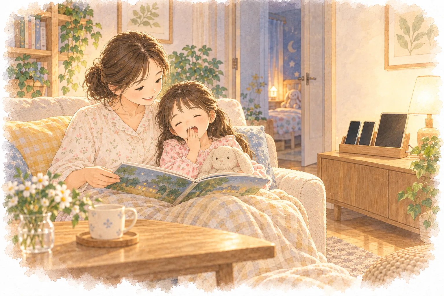 睡前的客廳,家長和穿睡衣的孩子蓋著毯子在沙發上一起看圖畫書,孩子打著哈欠;矮櫃上的充電座放著螢幕暗著的兩支手機和一台平板