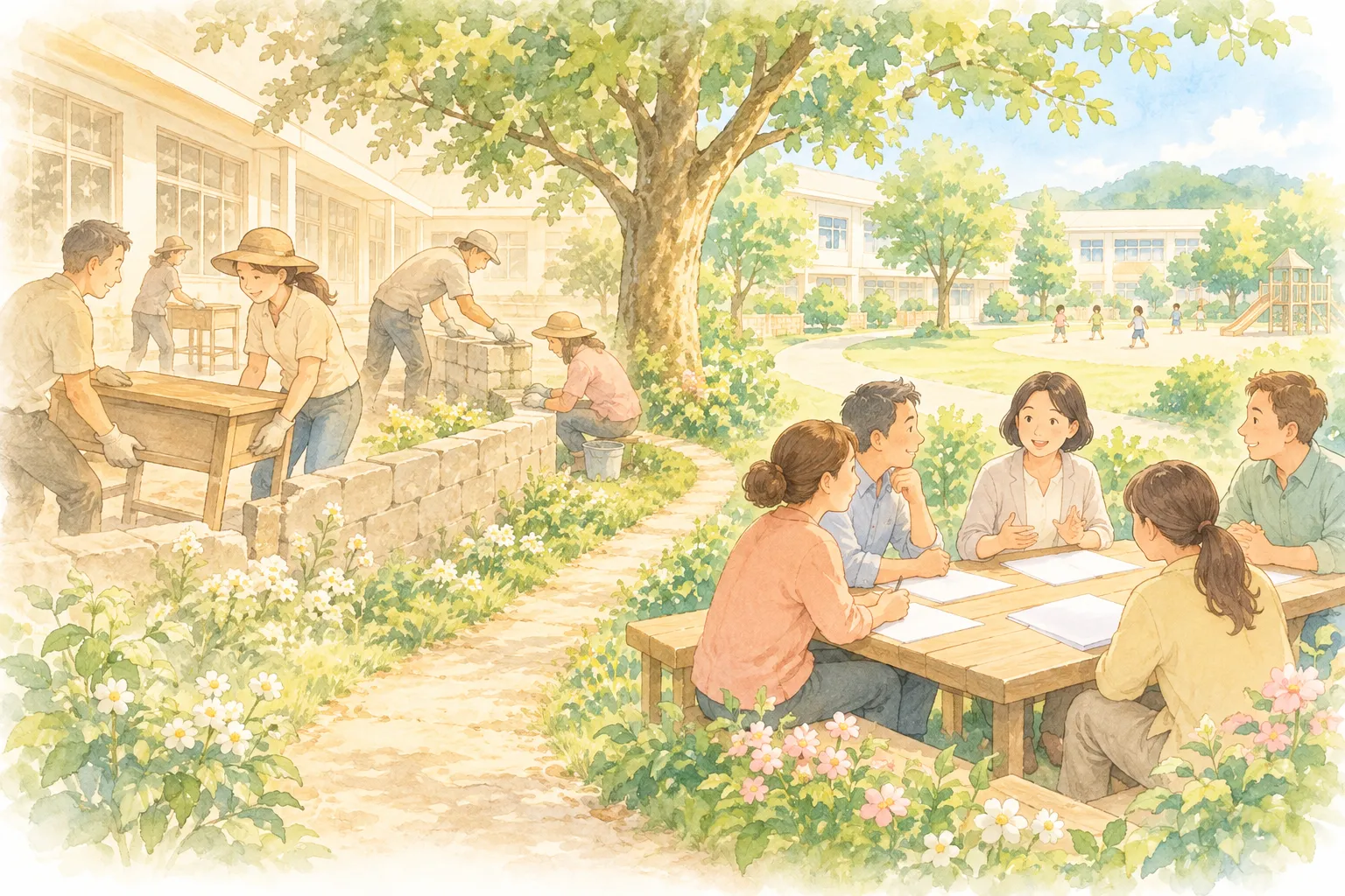 左半邊是過去:家長幫學校搬課桌、砌圍牆;右半邊是現在:家長圍坐在一起討論孩子的學習,中間一條小路連起來