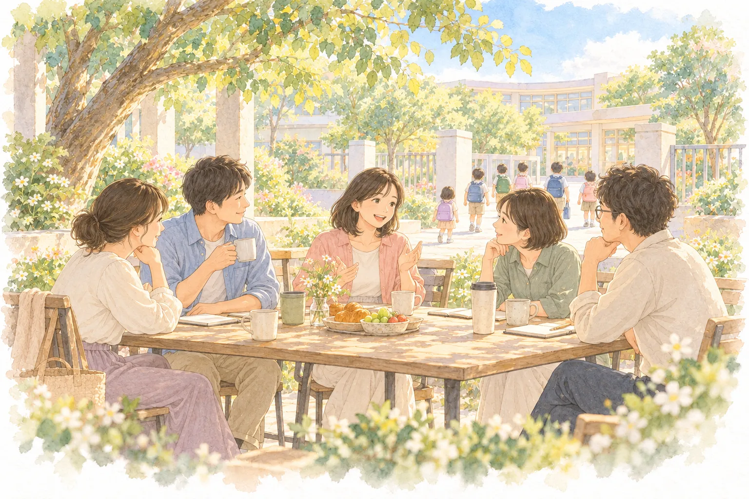 早上，五位家長在學校附近樹蔭下的戶外長桌旁喝咖啡、吃早餐、聊天，遠處孩子背著書包走進校門